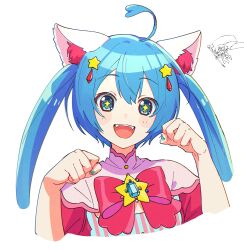 Rule 34 | 1boy, 1girl, absurdres, ahoge, animal ears, aqua eyes, blue hair, blue nails, bow, bowtie, cat ears, closed eyes, fingernails, flag, gem, hair ornament, hands up, hatsune miku, highres, holding, holding flag, long hair, looking at viewer, open mouth, paw pose, pink bow, pink bowtie, project sekai, short hair, simple background, smile, solo focus, star (symbol), star hair ornament, taro14 tea, teeth, tenma tsukasa, twintails, upper body, upper teeth only, vocaloid, white background, wonderlands x showtime (project sekai), wonderlands x showtime miku