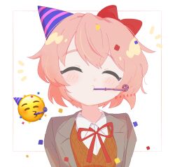 Rule 34 | 1girl, ^3^, ^ ^, anzen robo (474zz), artist name, blush, bow, brown hair, brown sweater vest, closed eyes, closed mouth, collared shirt, commentary, confetti, doki doki literature club, emoji, grey jacket, hair between eyes, hair bow, hat, jacket, lapels, mouth hold, neck ribbon, notice lines, open clothes, open jacket, party hat, party horn, purple hat, red bow, red ribbon, ribbon, sayori (doki doki literature club), school uniform, shirt, short hair, sidelocks, simple background, solo, sweater vest, tilted headwear, twitter username, upper body, white background, white shirt, wing collar
