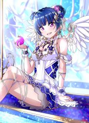 Rule 34 | 1girl, alternate hairstyle, angel of eden (love live!), angel wings, apple, artist name, artist request, back bow, bare legs, bare shoulders, blue bow, blue flower, blue hair, blue skirt, blue wrist cuffs, blush, bow, braid, breasts, cleavage, collarbone, crossed legs, crown braid, crystal hair ornament, double bun, dress, endo (endo yohane), endo yohane, female focus, flower, food, frilled dress, frills, fruit, hair bun, hair flower, hair ornament, hair ribbon, holding, holding food, looking at viewer, love live!, love live! school idol festival, love live! school idol festival all stars, love live! sunshine!!, miniskirt, nail, nail polish, parted lips, pink eyes, pink flower, plaid, plaid dress, plaid skirt, pleated, pleated dress, pleated skirt, purple eyes, ribbon, short hair, short sleeves, skirt, sleeveless, sleeveless dress, small breasts, smile, solo, sparkle, strapless, strapless dress, striped, striped bow, teeth, tsushima yoshiko, white detached collar, white dress, white flower, white ribbon, white skirt, white wings, white wrist cuffs, wings, wrist cuffs