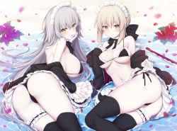 Rule 34 | 2girls, apron, artoria pendragon (all), artoria pendragon (alter swimsuit rider) (fate), artoria pendragon (alter swimsuit rider) (second ascension) (fate), artoria pendragon (fate), beach, bikini, bikini top only, black bikini, black legwear, blonde hair, breasts, bridal garter, choker, cleavage, commentary, commentary request, fate/grand order, fate (series), frilled bikini, frilled bikini top, frilled choker, frills, hair between eyes, hair ribbon, highres, jacket, jeanne d&#039;arc (fate), jeanne d&#039;arc alter (avenger) (fate), jeanne d&#039;arc alter (fate), large breasts, looking at viewer, maid, maid bikini, maid headdress, miko (royal milk), mop, multiple girls, open clothes, open jacket, open mouth, petals, ribbon, saber alter, side-tie bikini bottom, swimsuit, unconventional maid, water, white apron, yellow eyes