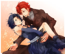 Rule 34 | 00s, 1boy, 1girl, baccano!, black hair, chane laforet, claire stanfield, couple, dress, elbow gloves, gloves, hetero, kamu, kamu (camui), knife, red hair, short hair