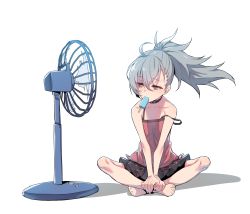 Rule 34 | 1girl, ahoge, bare shoulders, barefoot, camisole, closers, collarbone, electric fan, eyebrows, flat chest, food, full body, grey hair, hair between eyes, hands on feet, indian style, mouth hold, off shoulder, orange eyes, ponytail, popsicle, simple background, sitting, skirt, solo, strap slip, supernew, sweatdrop, tina (closers), white background
