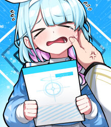 Rule 34 | &gt; &lt;, 1girl, 1other, anger vein, aqua hair, arona (blue archive), blue archive, blush, braid, cheek pinching, closed eyes, envelope, epeulu (ate5424), facing viewer, flying sweatdrops, highres, holding, holding envelope, korean commentary, long sleeves, multicolored hair, open mouth, pinching, pink hair, pleated skirt, sailor collar, school uniform, serafuku, short hair, side braid, simple background, skirt, solo focus, tears, upper body, white sailor collar, white skirt