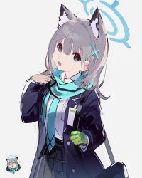 Rule 34 | 1girl, :d, animal ears, black coat, black skirt, blue archive, blue eyes, blue necktie, blue scarf, blush, cat ears, chibi, chibi inset, coat, cowboy shot, extra ears, gloves, green gloves, halo, highres, long sleeves, looking at viewer, multiple views, necktie, open clothes, open coat, open mouth, plaid, plaid skirt, scarf, school uniform, shiroko (blue archive), shirt, short hair, silver hair, single glove, skirt, smile, white shirt, yukuso (dabiandang)