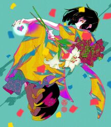 Rule 34 | 1girl, abstract background, asagiwa ico, black hair, blunt bangs, blurry, blurry foreground, film grain, floating, flower, geta, heart, highres, holding, holding flower, japanese clothes, kimono, lily (flower), looking at viewer, multicolored clothes, nail polish, original, print kimono, red eyes, solo, white flower