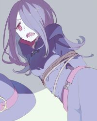 Rule 34 | 10s, 1girl, angry, dress, hair over one eye, hat, little witch academia, long hair, open mouth, pink hair, purple hair, red eyes, simple background, solo, sou (tuhut), sucy manbavaran, unworn hat, unworn headwear, witch