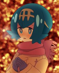 Rule 34 | 1girl, alternate costume, blue eyes, blue hair, blurry, blurry background, blush, breath, bright pupils, brown coat, coat, commentary request, creatures (company), freckles, game freak, gloves, hairband, hands up, lana (pokemon), long sleeves, mizu majuu (waterman10), night, nintendo, no sclera, open mouth, outdoors, own hands together, pink scarf, pokemon, pokemon sm, scarf, short hair, solo, upper body, white pupils, yellow hairband