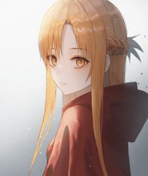 Rule 34 | 1girl, absurdres, asuna (sao), bell (pixiv12536604), blonde hair, braid, brown eyes, cape, closed mouth, crown braid, female focus, french braid, from side, gradient background, grey background, hair between eyes, hair intakes, highres, hood, hood down, hooded, long hair, looking at viewer, red cape, simple background, solo, sword art online, upper body, white background
