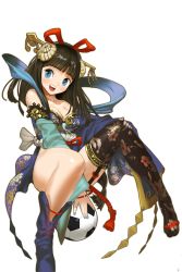 Rule 34 | 1girl, :d, ball, bare shoulders, black hair, black thighhighs, blue eyes, blue nails, blunt bangs, boots, breasts, cleavage, detached sleeves, floral print, full body, garter straps, hair ornament, hair ribbon, hair stick, highres, long hair, looking at viewer, medium breasts, mimi (soccer spirits), nail polish, nakseo, official art, open mouth, ribbon, shoes, single shoe, single thighhigh, smile, soccer ball, soccer spirits, solo, thighhighs, transparent background, wristband