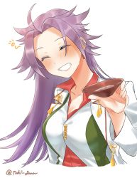 Rule 34 | 1girl, alcohol, closed eyes, cup, drunk, grin, head tilt, highres, holding, holding saucer, jun&#039;you (kancolle), kantai collection, long hair, magatama, purple hair, sakazuki, sake, saucer, simple background, smile, solo, spiked hair, squeans, tsukimura (d24f4z8j3t), white background