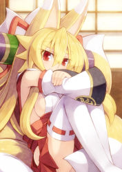 Rule 34 | 1girl, animal ears, blonde hair, breasts, covering own mouth, crossed arms, detached sleeves, eyebrows, female focus, fox ears, fox tail, hakama, hakama short skirt, hakama skirt, highres, hip vent, hugging own legs, izuna (shinrabanshou), japanese clothes, kitsune, kyuubi, large breasts, long hair, looking at viewer, miko, miniskirt, multiple tails, no bra, no panties, pussy, pussy peek, red eyes, ribbon-trimmed legwear, ribbon trim, saru 000, scroll, shinrabanshou, sideboob, skirt, slit pupils, solo, tail, thick eyebrows, thighhighs, white thighhighs
