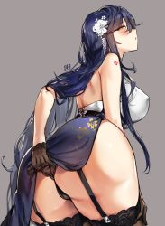 Rule 34 | 1girl, alracoco, ass, azuma (azur lane), azuma (soft voice of spring) (azur lane), azur lane, back, bare shoulders, black gloves, black panties, black thighhighs, blue dress, blue hair, blush, breasts, china dress, chinese clothes, clothes lift, covered erect nipples, dress, dress lift, floral print, flower, garter straps, gloves, grey background, hair between eyes, hair flower, hair ornament, half gloves, highres, large breasts, lifting own clothes, long hair, looking at viewer, looking back, open mouth, panties, presenting, signature, simple background, solo, thighhighs, underwear, white flower, wide hips, yellow eyes