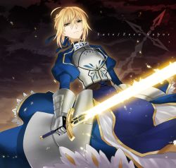 Rule 34 | 1girl, ahoge, armor, armored dress, artoria pendragon (all), artoria pendragon (fate), bad id, bad pixiv id, blonde hair, character name, command spell, copyright name, dress, excalibur (fate/stay night), fate/zero, fate (series), glowing, glowing sword, glowing weapon, green eyes, hair ribbon, kyo zip, ribbon, saber (fate), solo, sword, weapon