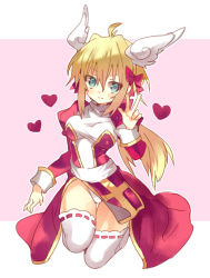 Rule 34 | 1girl, angel wings, arutopian, blonde hair, blue eyes, bow, breasts, closed mouth, commentary request, cross, dress, full body, hair between eyes, hair bow, head wings, heart, high priest (ragnarok online), juliet sleeves, jumping, long hair, long sleeves, looking at viewer, medium breasts, pink background, ponytail, puffy sleeves, ragnarok online, red bow, red dress, ribbon-trimmed legwear, ribbon trim, sash, smile, solo, thighhighs, two-tone background, two-tone dress, w, white background, white dress, white sash, white thighhighs, wings
