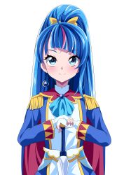 Rule 34 | 1girl, absurdres, ahoge, alternate costume, alternate hairstyle, blue cape, blue eyes, blue hair, bow, cape, commentary request, cosplay, cure sky, earrings, epaulettes, eyelashes, fingerless gloves, gloves, hair bow, happy, highres, hirogaru sky! precure, jewelry, long hair, looking at viewer, magical girl, multicolored hair, pink hair, ponytail, precure, red cape, s-operator, shalala (precure), shalala (precure) (cosplay), simple background, smile, solo, sora harewataru, standing, streaked hair, sword, two-sided cape, two-sided fabric, two-tone hair, uniform, very long hair, weapon, white background, white gloves, yellow bow