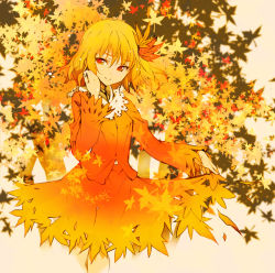 Rule 34 | 1girl, aki shizuha, autumn leaves, blonde hair, hair ornament, ichizen (o tori), long sleeves, shirt, skirt, smile, solo, touhou, yellow eyes