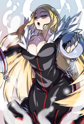 Rule 34 | 1girl, :o, black dress, blonde hair, breasts, chain, cleavage, closed eyes, disgaea, dress, healer (disgaea), highres, large breasts, long hair, lovelesskia, makai senki disgaea, open mouth, outstretched arms, pointy ears, solo, wide hips