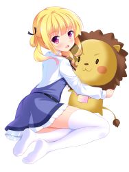 Rule 34 | 1girl, :d, bashen chenyue, belt, black belt, black ribbon, blonde hair, blue dress, blush, collared shirt, dress, from side, full body, girlish number, hair ribbon, hair rings, highres, holding, holding stuffed toy, long sleeves, looking at viewer, looking to the side, neck ribbon, no shoes, open mouth, purple eyes, ribbon, shirt, simple background, sleeveless, sleeveless dress, smile, soles, solo, sonou momoka, stuffed animal, stuffed lion, stuffed toy, thighhighs, twintails, white background, white shirt, white thighhighs