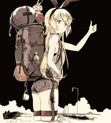 Rule 34 | 1girl, alternate costume, backpack, bag, bottle, closed mouth, cloud, dated, denim, denim shorts, hairband, hand in pocket, highres, hitchhiking, kantai collection, kokudou juunigou, long hair, outdoors, rensouhou-chan, shimakaze (kancolle), shorts, sleeveless, solo, striped clothes, striped thighhighs, thighhighs, thumbs up, water bottle