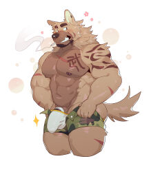 Rule 34 | 1boy, abs, absurdres, animal ears, ass, bad id, bad weibo id, bara, barbell piercing, blush, brown fur, bulge, camouflage, camouflage pants, camouflage shorts, cigarette, cock ring, cropped legs, dog boy, dog ears, dog tail, dressing, eyebrow cut, facial hair, furry, furry male, goatee, grin, happy aura, highres, i&#039;ve never seen a guy recreate this successfully tbh (meme), jockstrap, large bulge, large pectorals, lveink, male focus, male underwear, mature male, meme, muscular, muscular male, navel, nipples, open clothes, open fly, open shorts, original, pants, pants lift, pectorals, penis, penis peek, piercing, scar, scar on arm, scar on chest, scar on leg, sex toy, short hair, shorts, smile, smirk, smoking, solo, sparkle, stomach, tail, thick thighs, thighs, topless male, undersized clothes, underwear, white male underwear
