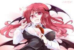 Rule 34 | 1girl, artist name, black wings, breasts, covered erect nipples, fangs, fumitsuki (minaduki 6), hair between eyes, head wings, heart, heart-shaped pupils, koakuma, large breasts, long sleeves, looking at viewer, lying, on back, open mouth, red eyes, red hair, red neckwear, shirt, smile, solo, symbol-shaped pupils, touhou, unbuttoned, unbuttoned shirt, vest, white shirt, wings