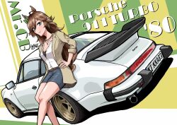 Rule 34 | 1girl, animal ears, belt, blue eyes, blue shorts, bow, brown belt, brown hair, brown jacket, car, character name, collarbone, green bow, hand on own hip, highres, horse ears, horse girl, horse tail, jacket, jewelry, kaito schumacher, long hair, motor vehicle, mr. c.b. (umamusume), necklace, porsche, porsche 911, porsche 930, shorts, sitting, smile, solo, spoiler (automobile), sports car, tail, umamusume, vehicle focus, vehicle name, very long hair