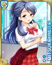 Rule 34 | 1girl, blue hair, bow, breasts, card (medium), character name, girlfriend (kari), indoors, kaito mitsuko, large breasts, official art, open mouth, paper stack, plaid, plaid skirt, ponytail, qp:flapper, red eyes, red neckwear, red skirt, school, school uniform, shirt, skirt, smile, solo, tagme, white shirt