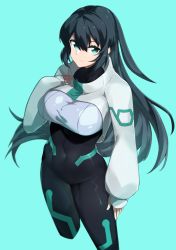 Rule 34 | 1girl, absurdres, aqua eyes, black hair, blue background, bodysuit, breasts, cropped legs, gundam, gundam build divers, gundam build divers re:rise, hand on own chest, highres, large breasts, long hair, looking up, may (gundam build divers re:rise), shinwota, shrug (clothing), smile, solo