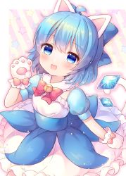 Rule 34 | 1girl, adapted costume, animal ears, animal hands, bell, blue bow, blue dress, blue eyes, blue hair, blush, bow, cat ears, cat paws, cat tail, cirno, coa (chroo x), detached wings, dress, fairy, gloves, hair between eyes, hair bow, highres, ice, ice wings, jingle bell, open mouth, paw gloves, puffy short sleeves, puffy sleeves, short hair, short sleeves, smile, solo, star (symbol), tail, touhou, wings