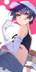 Rule 34 | 1girl, :q, bandaged arm, bandages, bandaid, bare back, bare shoulders, black sports bra, blue skirt, brown eyes, closed mouth, commentary, dutch angle, from behind, from below, from side, hand up, highres, holding, holding skateboard, kanbaru suruga, licking lips, light blush, light smile, looking at viewer, looking back, looking down, looking to the side, loose bandages, monogatari (series), multicolored clothes, multicolored headwear, pink background, pink headwear, purple hair, purple headwear, short hair, skateboard, skirt, solo, sports bra, thick eyebrows, thomas (aoakumasan), tomboy, tongue, tongue out, upper body, w, white background, white headwear