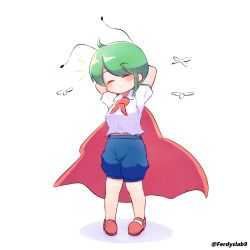 Rule 34 | 1girl, antennae, arms behind head, arms up, blue shorts, blush, breasts, cape, closed eyes, closed mouth, collared shirt, commentary, ferdy&#039;s lab, fireflies, full body, green hair, highres, red cape, red footwear, shirt, shoes, short hair, short sleeves, shorts, simple background, small breasts, smile, solo, standing, touhou, white background, white shirt, wriggle nightbug