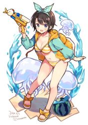 Rule 34 | 1girl, bikini, black hair, blue eyes, breasts, brown hair, cleavage, collarbone, commentary request, dated, food, fruit, full body, headband, hololive, jacket, looking at viewer, medium breasts, navel, odawara hakone, oozora subaru, oozora subaru (hololive summer 2019), open mouth, short hair, smile, solo, standing, striped bikini, striped clothes, swimsuit, virtual youtuber, water gun, watermelon