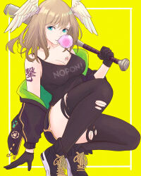 Rule 34 | 1girl, absurdres, aqua eyes, bare shoulders, baseball bat, black footwear, black gloves, black tank top, black thighhighs, breasts, brown hair, blowing bubbles, cleavage, clothes writing, commentary, eunie (xenoblade), gloves, head wings, highres, holding, holding baseball bat, large breasts, long hair, looking at viewer, off shoulder, shoes, shoulder tattoo, sneakers, solo, squatting, tank top, tattoo, thighhighs, thighs, torn clothes, torn thighhighs, truejekart, wings, xenoblade chronicles (series), xenoblade chronicles 3