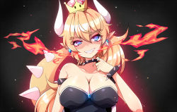 Rule 34 | 1girl, armlet, bowsette, bracelet, breasts, cleavage, collar, collarbone, crown, dress, earrings, fire, gem, horns, jewelry, large breasts, long hair, looking at viewer, mario (series), new super mario bros. u deluxe, nintendo, pointy ears, ponytail, ripe.c, sharp teeth, shell, smile, solo, sparkle, spiked armlet, spiked bracelet, spiked collar, spikes, super crown, teeth, thick eyebrows, upper body