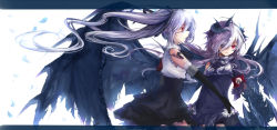 Rule 34 | 2girls, armband, claws, dress, elbow gloves, eyepatch, fang, gloves, hair over one eye, horns, imi fumei, long hair, multiple girls, pixiv fantasia, pixiv fantasia 5, red eyes, silver hair, twintails, very long hair, wings
