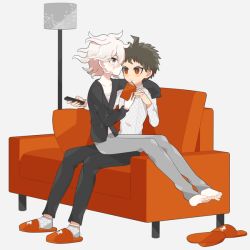 Rule 34 | 2boys, alternate costume, barefoot, black pants, blush stickers, book, brown eyes, collarbone, commentary request, controller, couch, danganronpa (series), danganronpa 2: goodbye despair, full body, grey background, grey hair, grey pants, hand up, hinata hajime, holding, holding book, holding remote control, koikeya (keroro7), komaeda nagito, male focus, missing limb, multiple boys, on lap, pants, pillow, red footwear, remote control, shoes, unworn shoes, short hair, simple background, sitting, sitting on person, sweater, white sweater, yaoi