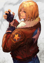 Rule 34 | 1boy, black gloves, blonde hair, blue eyes, blue pants, bomber jacket, brown jacket, clothes writing, fatal fury, fingerless gloves, garou: mark of the wolves, gloves, grey background, hand up, hungry clicker, jacket, long sleeves, looking back, male focus, medium hair, pants, snk, solo, terry bogard, the king of fighters