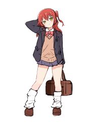 Rule 34 | 1girl, arm behind head, bag, bocchi the rock!, bow, bowtie, brown vest, full body, green eyes, highres, jacket, kita ikuyo, loafers, loose socks, miniskirt, one side up, open clothes, open jacket, pleated skirt, red hair, rudo (rudorudo0917), school bag, school uniform, shoes, shuka high school uniform, skirt, socks, thighs, vest, white background, white socks