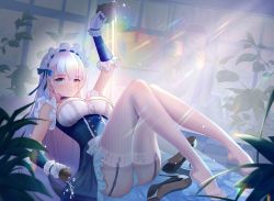Rule 34 | 1girl, absurdres, azur lane, belfast (azur lane), black footwear, blue eyes, breasts, cleavage, dress, frilled dress, frilled hairband, frills, full body, garter straps, hairband, high heels, highres, huge filesize, koala-mitsuri, large breasts, long hair, looking at viewer, maid headdress, panties, plant, potted plant, shoes, unworn shoes, sleeveless, sleeveless dress, solo, stiletto heels, teapot, thighhighs, underwear, white hair, white panties, white thighhighs