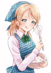 Rule 34 | 10s, 1girl, :q, apron, ascot, ayase eli, bandana, blonde hair, blue eyes, bow, bowl, bowtie, collared shirt, cooking, cream, food, food on face, green bow, green bowtie, highres, holding, holding bowl, licking lips, lilylion26, long sleeves, looking at viewer, love live!, love live! school idol festival, love live! school idol project, plaid, shirt, simple background, solo, striped bow, striped bowtie, striped clothes, striped neckwear, tongue, tongue out, upper body, whisk, white background, white shirt