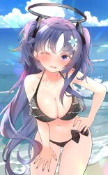 Rule 34 | 1girl, alternate costume, beach, bikini, black bikini, blue archive, blue flower, blue sky, blush, breasts, cleavage, cloud, commentary request, cowboy shot, day, flower, hair flower, hair ornament, halo, hand on own thigh, highres, horizon, lens flare, long hair, looking at viewer, medium breasts, nail polish, navel, ocean, one eye closed, open mouth, outdoors, pan (pixiv41343614), purple eyes, purple hair, purple nails, sky, solo, standing, swimsuit, two side up, very long hair, wavy mouth, yuuka (blue archive)