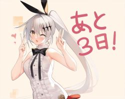 Rule 34 | 1girl, :d, badge, black bow, blouse, blush, bow, breasts, button badge, counting, five-seven (girls&#039; frontline), frills, girls&#039; frontline, grey hair, hair between eyes, hair bow, hair ornament, heart, long hair, looking at viewer, medium breasts, one eye closed, open mouth, ponytail, shirt, sleeveless, smile, solo, suisai (suisao), upper body, w, white shirt, yellow eyes