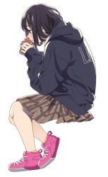 Rule 34 | 1girl, ankle socks, black eyes, black hair, brown skirt, can, clothes writing, drinking, from side, holding, holding can, hood, hood down, hoodie, invisible chair, long sleeves, mattaku mousuke, miniskirt, original, pink footwear, plaid, plaid skirt, pleated skirt, shoes, short hair, simple background, sitting, skirt, sneakers, socks, solo, white background