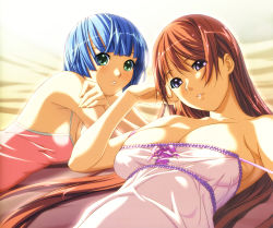 Rule 34 | 2girls, absurdres, anjou marine, babydoll, bed, blue hair, blush, breasts, breasts apart, camisole, cleavage, covered erect nipples, flat chest, green eyes, highres, ino (magloid), kuchika isami, kusaka isami, large breasts, long hair, lying, multiple girls, on back, on stomach, purple eyes, short hair, sister scheme, smile, strap slip, tank top, very long hair