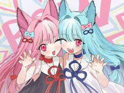 Rule 34 | 2girls, :d, animal ears, black dress, blue bow, blue hair, blue ribbon, blunt bangs, bow, cheek press, claw pose, dress, fangs, floating hair, fox ears, fox girl, hair bow, hair intakes, hand up, highres, kemonomimi mode, kotonoha akane, kotonoha aoi, long bangs, long hair, looking at viewer, multiple girls, neck ribbon, one eye closed, open hand, open mouth, pink bow, pink eyes, pink hair, red ribbon, ribbon, sailor dress, siblings, side-by-side, sidelocks, sisters, smile, teeth, upper body, upper teeth only, voiceroid, white dress, yoshino ns