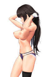 Rule 34 | 1girl, black hair, black thighhighs, breasts, commentary request, contrapposto, cowboy shot, female focus, from side, gloves, hair lift, highres, inverted nipples, isokaze (kancolle), kantai collection, large breasts, lingerie, long hair, mouth hold, navel, nipples, panties, profile, purple panties, red eyes, ribbon, ribbon in mouth, simple background, single thighhigh, solo, standing, thighhighs, topless, underwear, underwear only, wa (genryusui), white background, white gloves