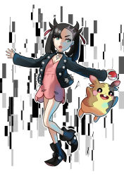 Rule 34 | 1girl, absurdres, ankle boots, asymmetrical bangs, black choker, black footwear, black hair, black jacket, boots, choker, commentary request, creatures (company), dress, earrings, fubo (fubo 0623), game freak, gen 8 pokemon, green eyes, hair ribbon, highres, holding, holding poke ball, jacket, jewelry, marnie (pokemon), morpeko, morpeko (full), nintendo, open clothes, open jacket, open mouth, outstretched arms, pink dress, poke ball, poke ball (basic), pokemon, pokemon (creature), pokemon swsh, red ribbon, ribbon