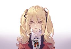 Rule 34 | 1girl, ahoge, blonde hair, brown eyes, card, collared shirt, curly hair, elicooc, gradient background, hair between eyes, hair ribbon, hand up, highres, holding, holding card, hyakkaou academy school uniform, jacket, kakegurui, king (playing card), king of clubs, long hair, looking at viewer, playing card, portrait, red jacket, ribbon, saotome mary, school uniform, shirt, smile, solo, straight-on, twintails, white background, white shirt
