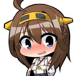 Rule 34 | 10s, 1girl, bare shoulders, blue eyes, blush, brown hair, chibi, detached sleeves, double bun, fidgeting, fingers together, index fingers together, kantai collection, kongou (kancolle), long hair, looking at viewer, nontraditional miko, personification, solo, twumi
