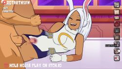 Rule 34 | 1boy, 1girl, animated, ass, bodysuit, boku no hero academia, bouncing breasts, breasts, cum, cum on body, dark-skinned female, dark skin, dotart, game, game cg, happy, highres, huge ass, mirko, moaning, orgasm, rabbit, rabbit ears, sound, tagme, thick thighs, thighs, tight clothes, video